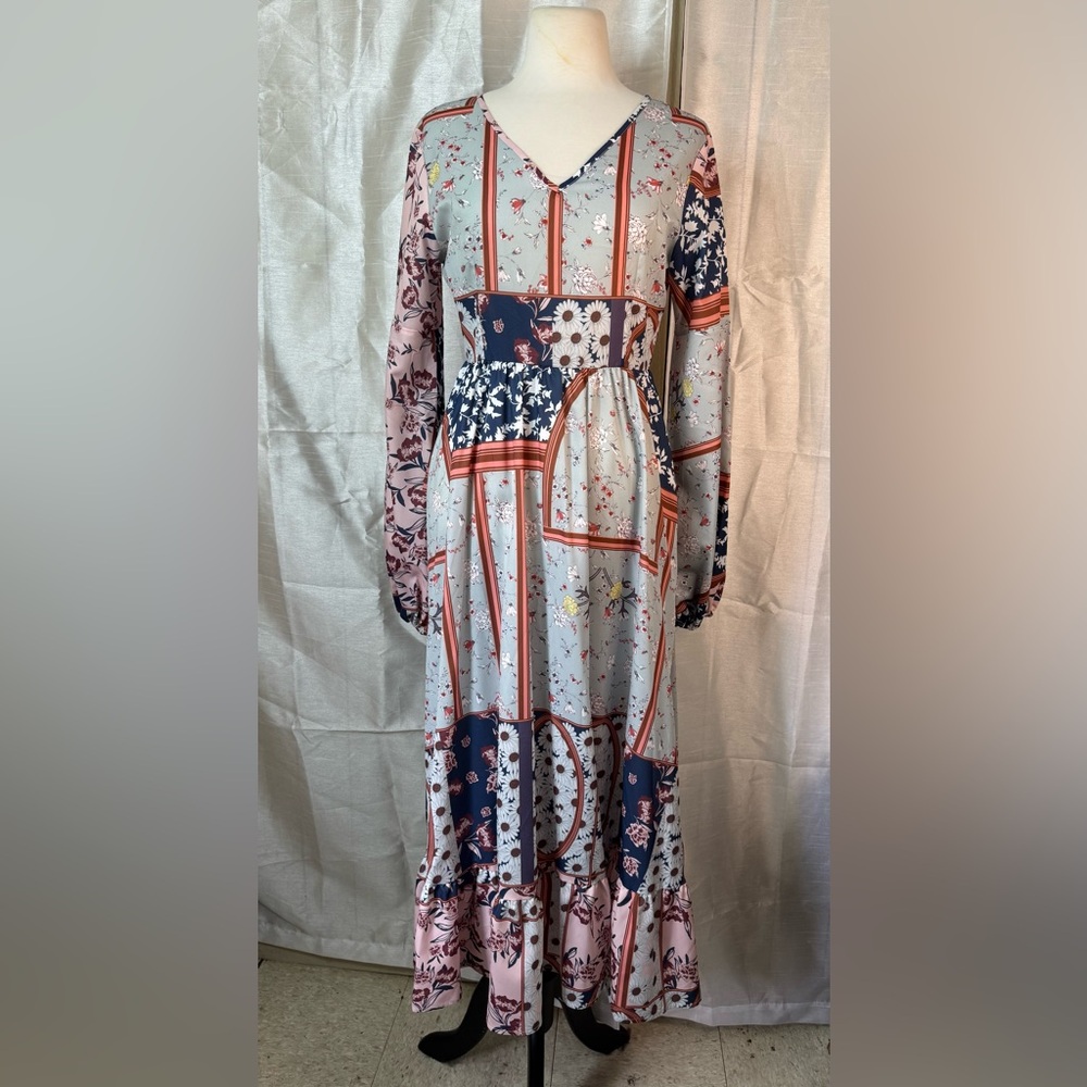 Long Sleeve Patchwork Dress - Pink, Blue, Cream